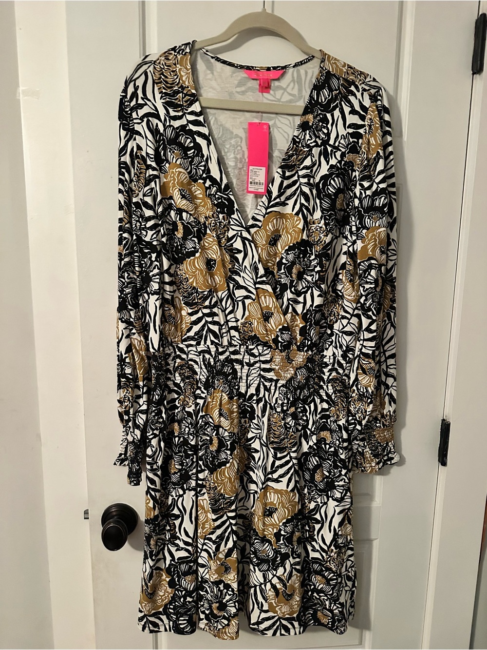 Lilly Pulitzer Black White and Gold Floral Long Sleeve Dress